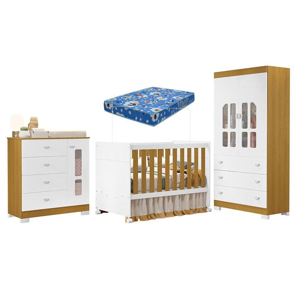 Quarto de Bebê New Katatau Branco Acetinado Savana com Colchão Ortobom – Reller