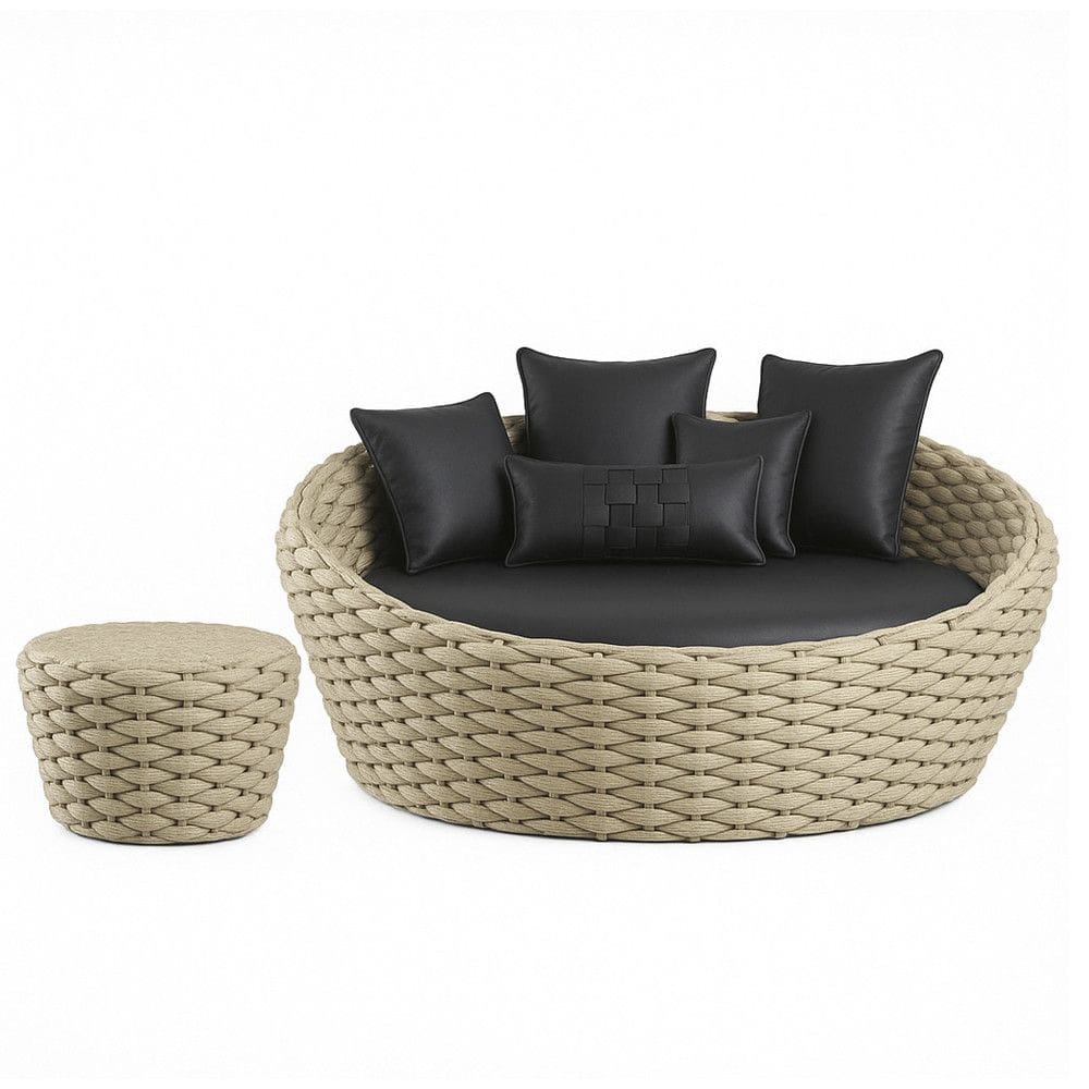 Chaise e Puff Monique em Trico Náutico Alumínio para Edícula, Piscina Trama