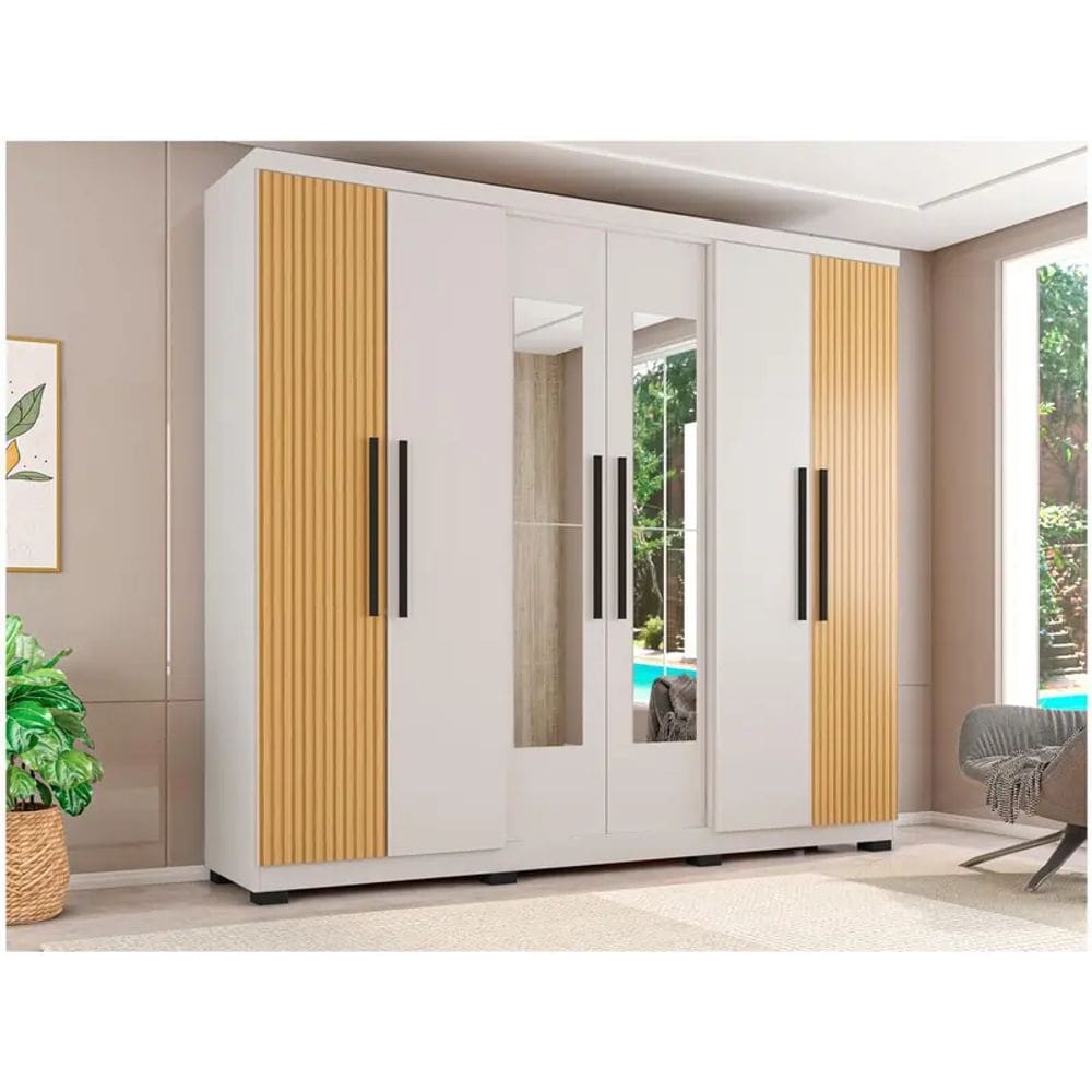 Guarda Roupa EB23064 Ripado Freijo/Baunilha com Espelho - Araplac