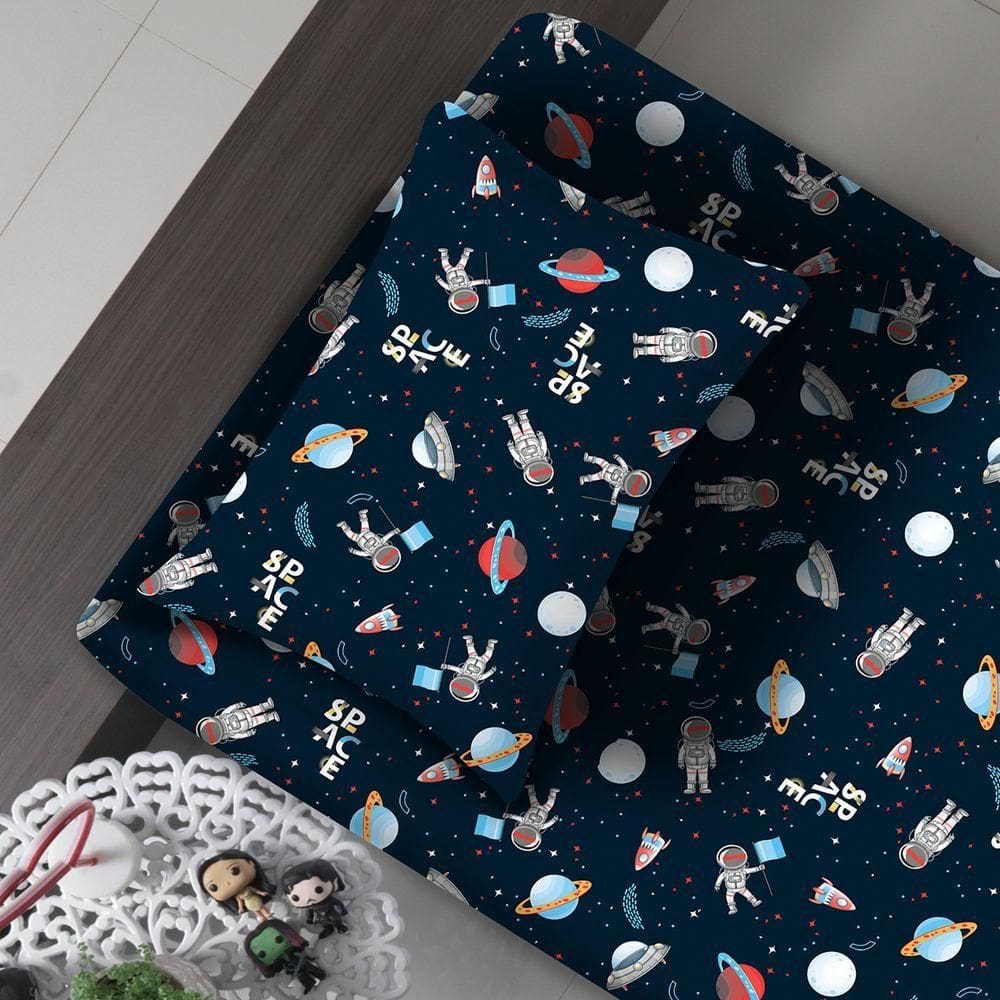 Jogo De Cama Portallar Solteiro Malha Mista 65% Algodão E 35% Poliéster Estampado Planetas Space 2 Pçs Azul
