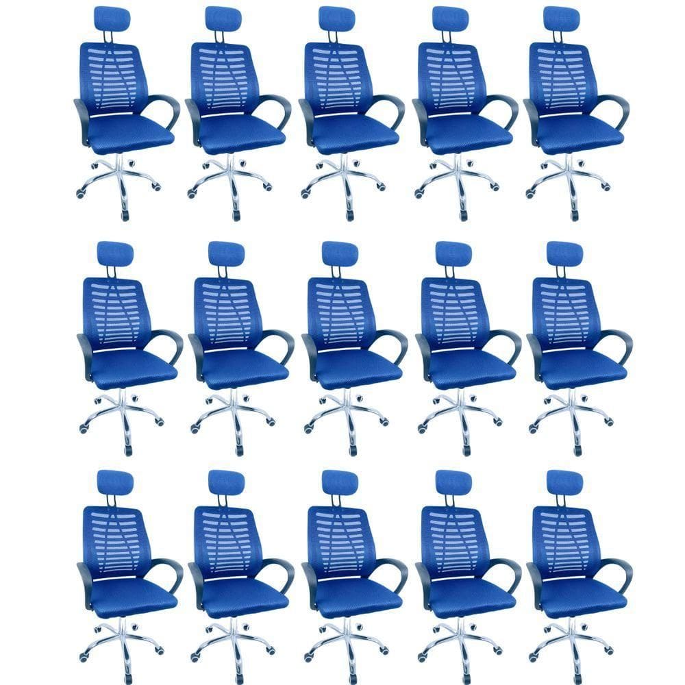 Kit 15 Cadeiras Escritório Diretor Tela Mesh Com Encosto De Cabeça Azul E Preto