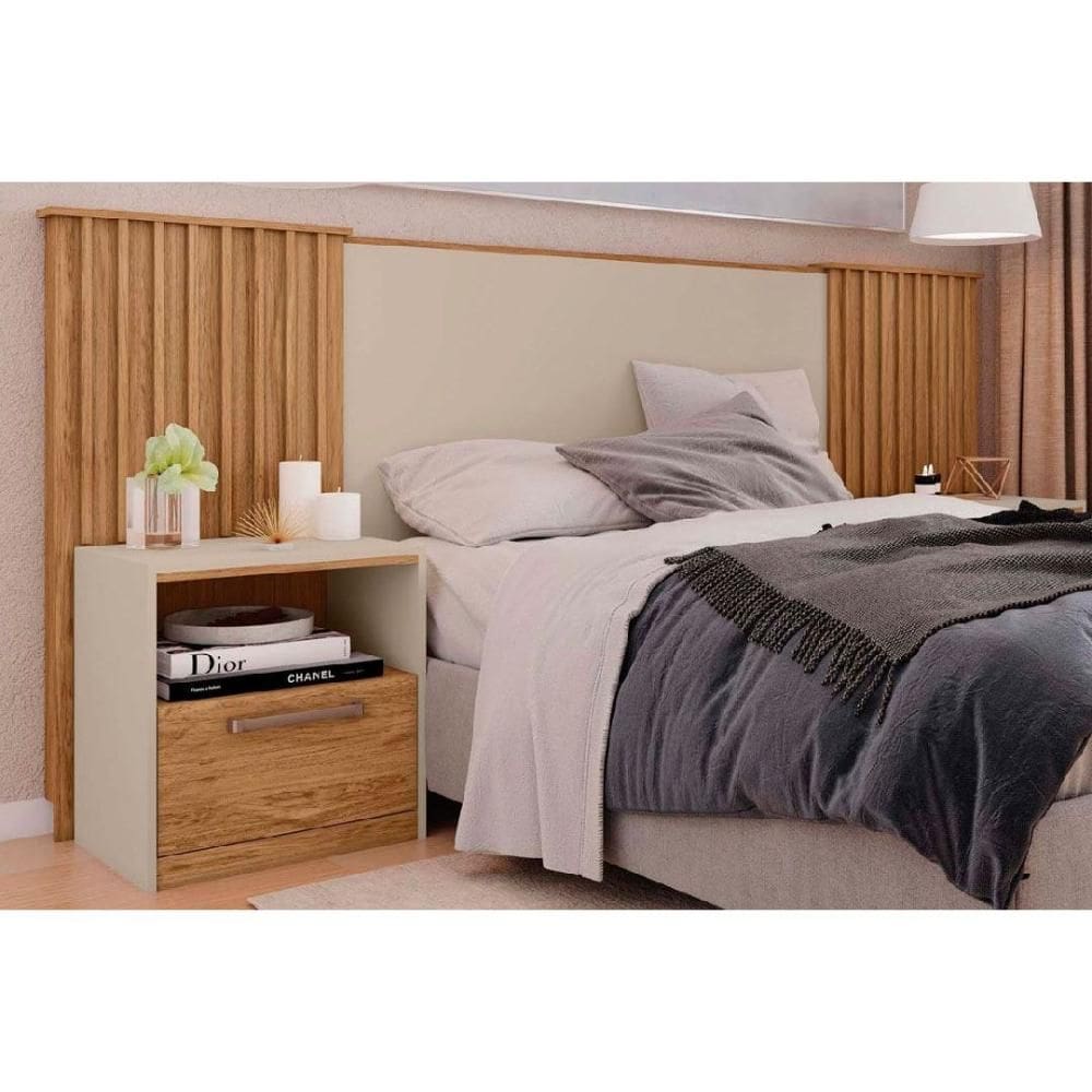Painel Cama Box Madeirado Extensível Casal/Queen/King Lucius 2 Mesas c/ 1 Gaveta Freijo/Off White - Caemmun