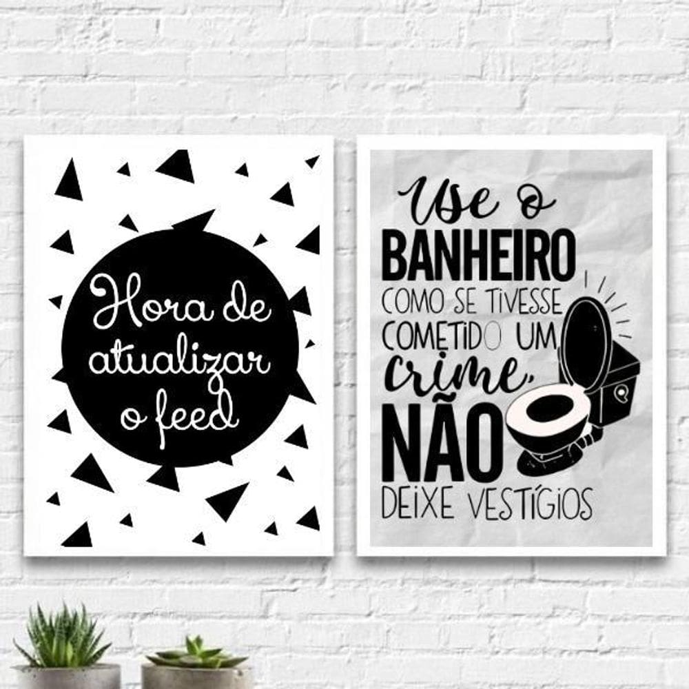 Kit 2 Quadros Divertidos Para Banheiro 33X24 Madeira Branca