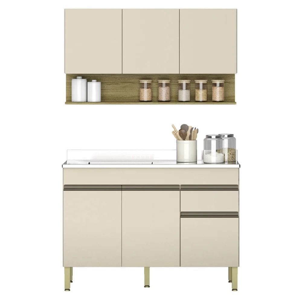 Armário de Cozinha e Balcão com Pia 120cm Lina Z06 Vanilla/Freijó - Mpozenato