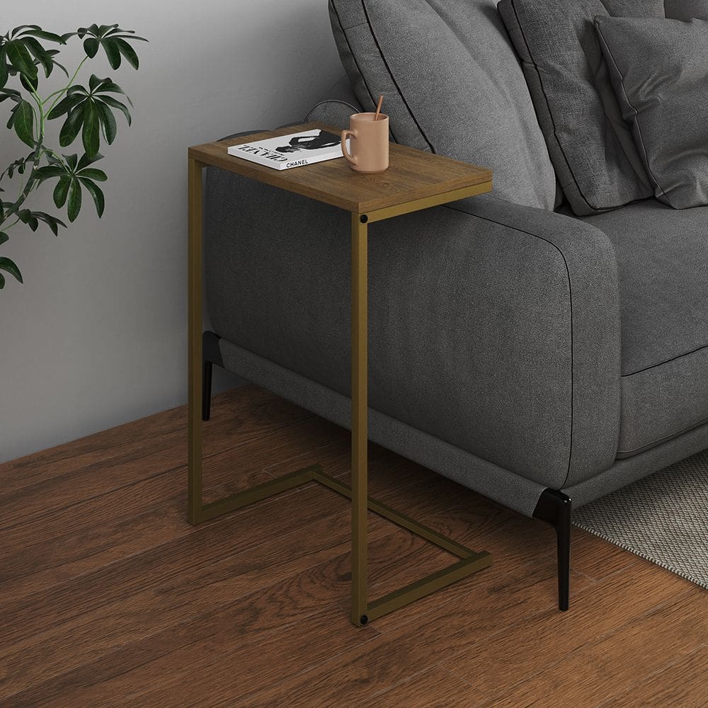 Mesa Lateral de Apoio Industrial Sofá Charmme Ferro Dourado e Tampo Freijó