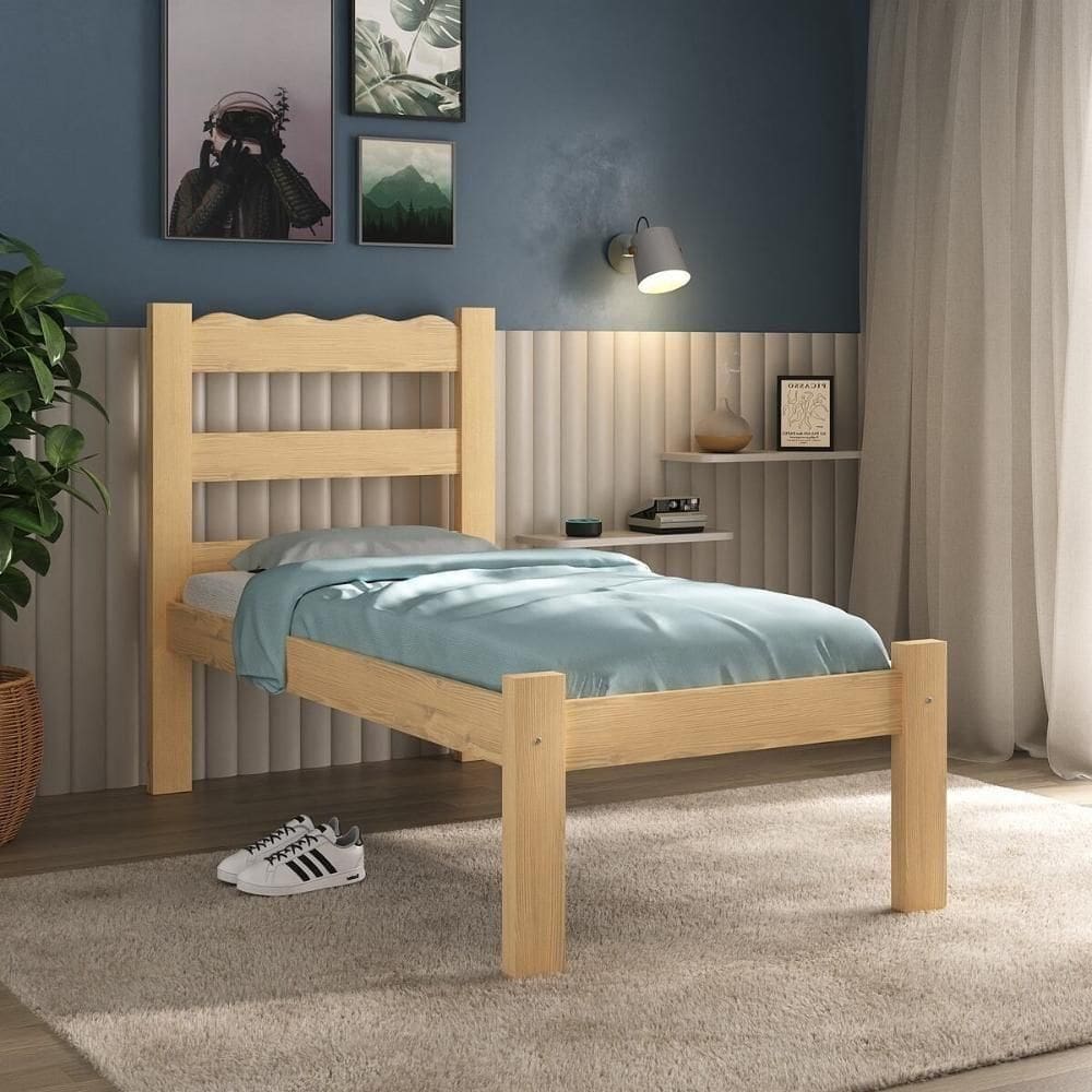 Cama De Solteiro Madeira Maciça Com Colchão Incluso Multimóveis CR35256 - Natural