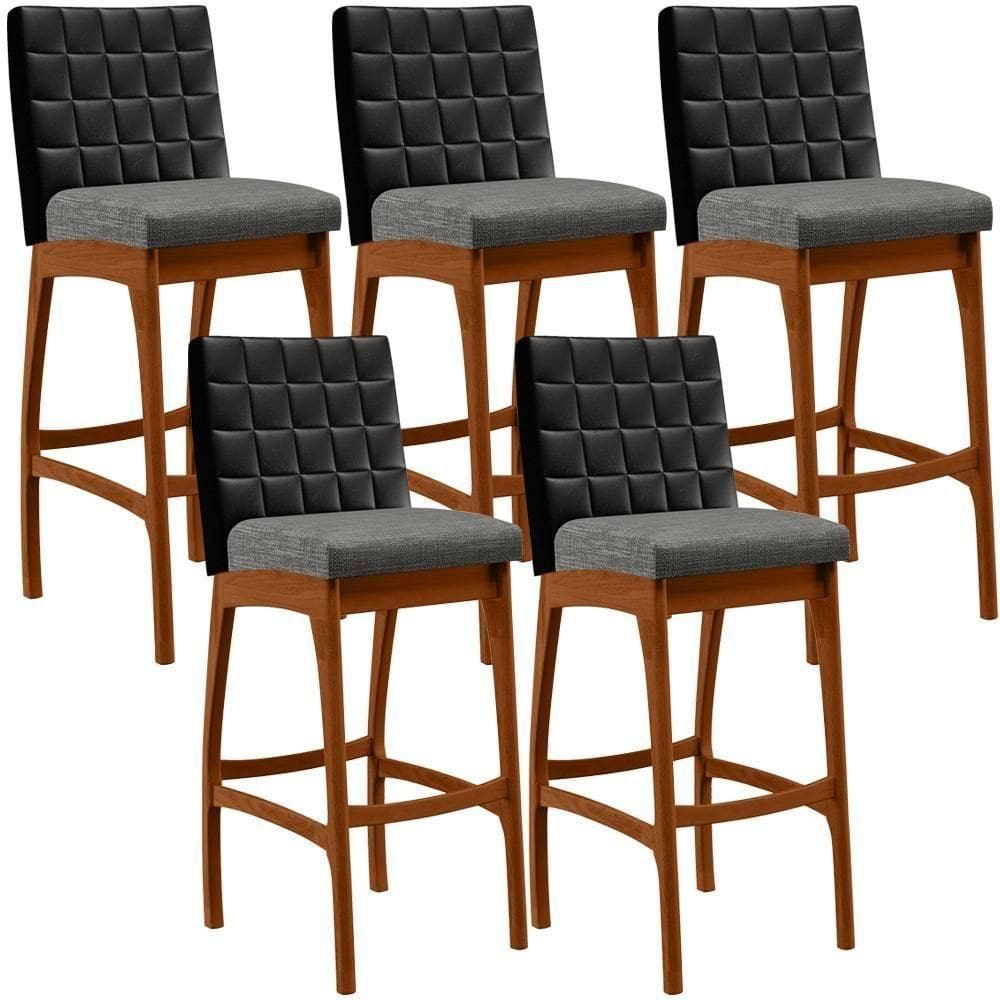Kit 05 Banquetas Altas Mila Preto Linho Cinza Escuro