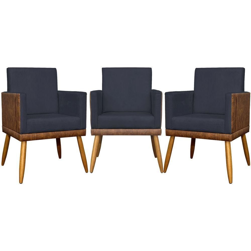 Kit 3 Poltronas Decorativas Lis Corino e Pé Palito - Preto Suede Corino
