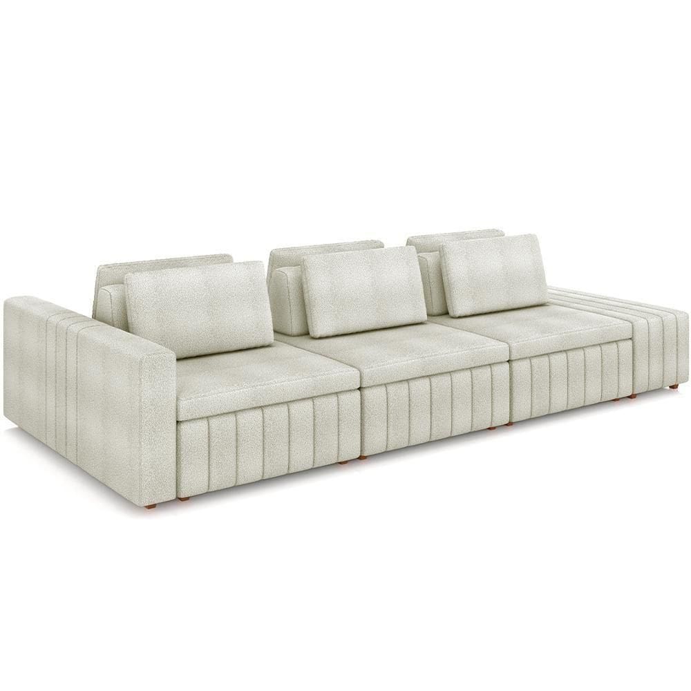 Sofá Ilha Com Puff Para Sala Living 335cm Amber M03 Bouclê Bege Claro - Lyam Decor