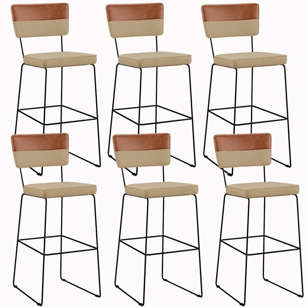 Kit 06 Banquetas Altas Faixa Camel Linho Bege Escuro