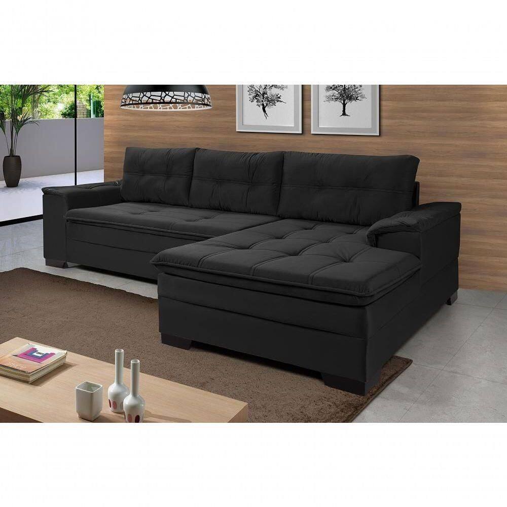 Sofá Viena Chaise Suede Fixo Pés Madeira Living Confortável Império Preto 381