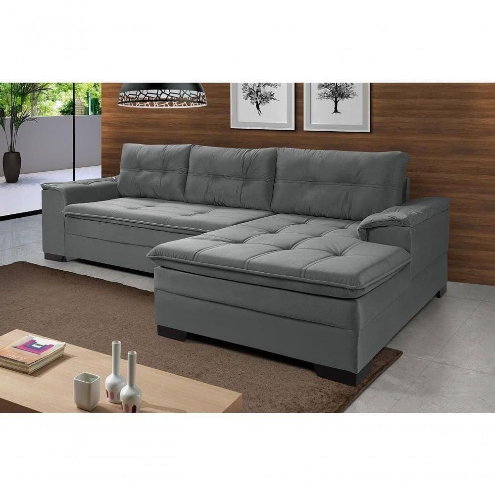 Sofá Viena Chaise Suede Fixo Pés Madeira Living Confortável Império Cinza 380