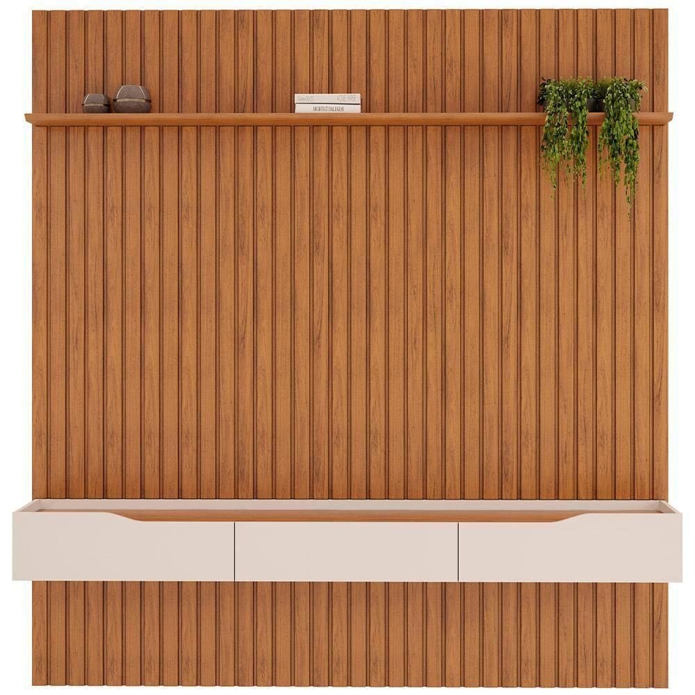 Painel Ripado Tv 75 Pol Com Bancada Suspensa 223x240cm Facile D05 Freijó