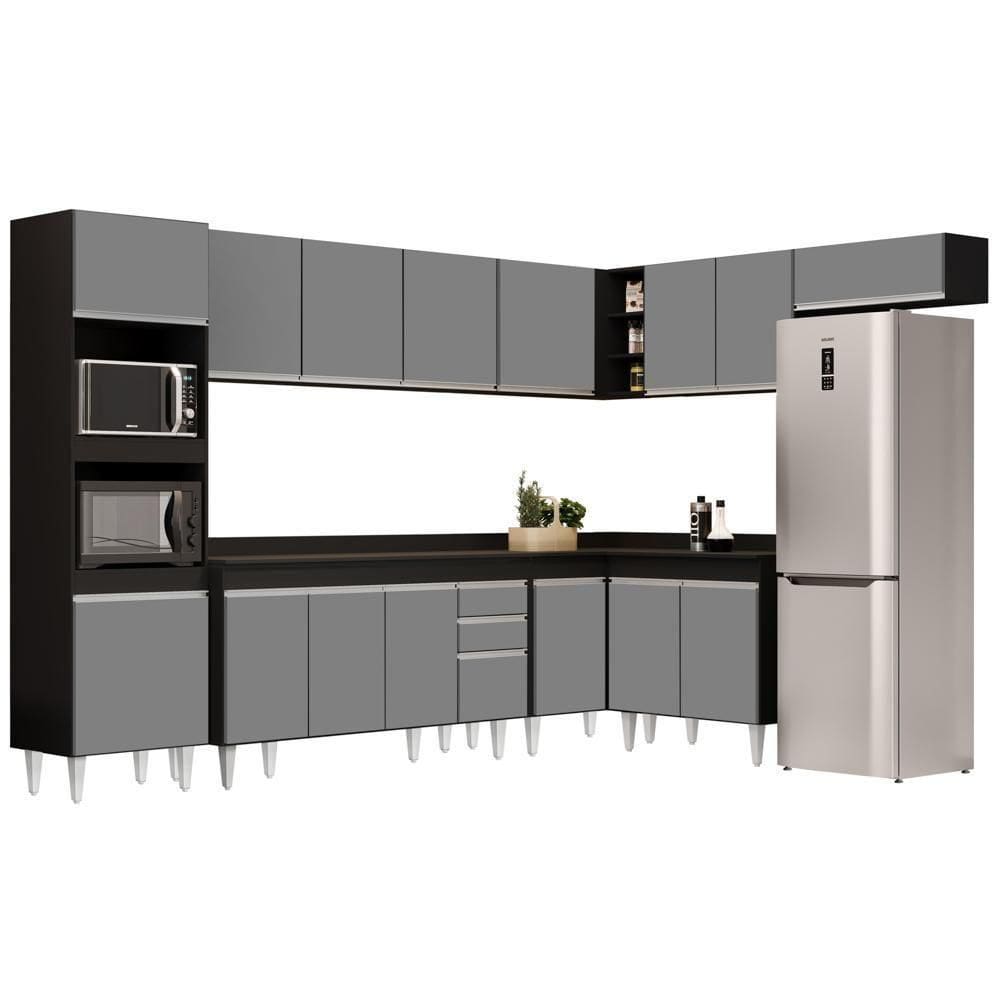 Armário De Cozinha Modulada De Canto 8 Peças Cp08 Balcão Com Tampo Preto-cinza - Lumil