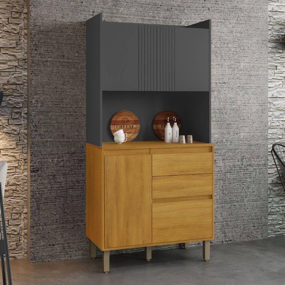 Kit Armário De Cozinha 4 Portas 2 Gavetas Lucca Chf Móveis Cinamomo Com Grafite