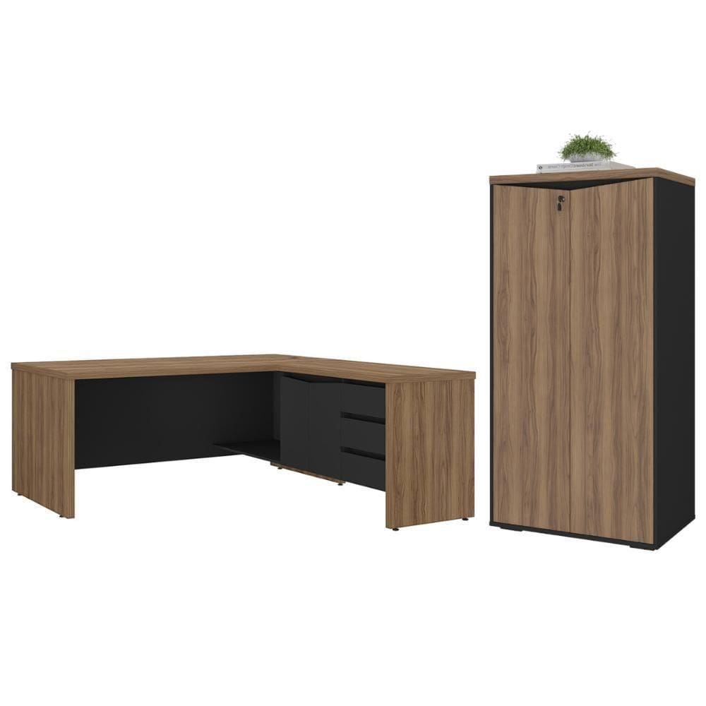 Mesa Em L Com Armário 3 Prateleiras Natal Nogal Preto