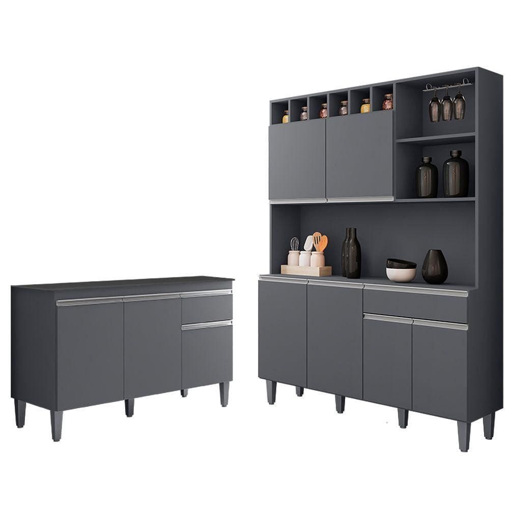 Cozinha Compacta Alice E Balcão Gabinete Com Tampo Tatiane 120cm Cinza - Ajl Móveis