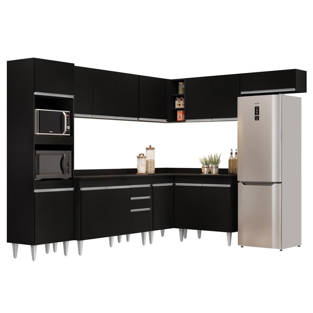 Armário De Cozinha Modulada De Canto 8 Peças Cp02 Balcão Com Tampo Preto - Lumil