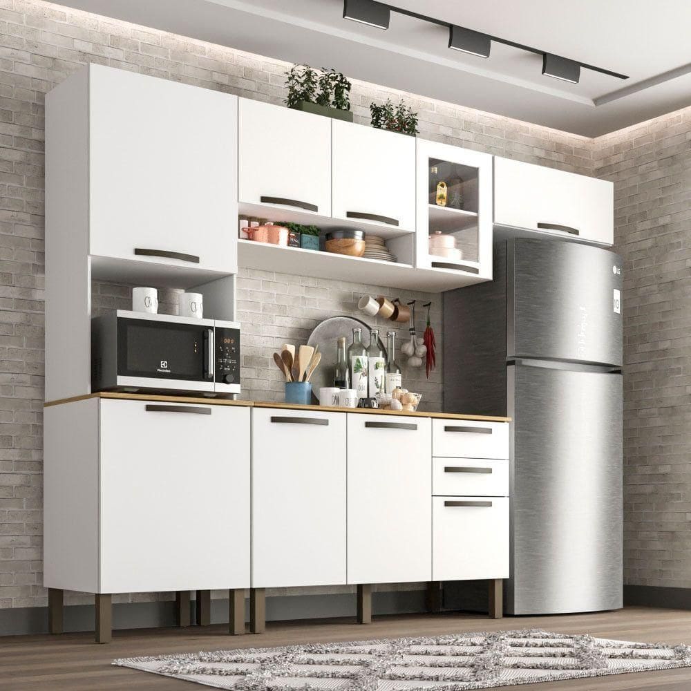 Cozinha Compacta Valencia Com Vidro 4 Peças 9 Portas 2 Gavetas Salleto Moveis Branco