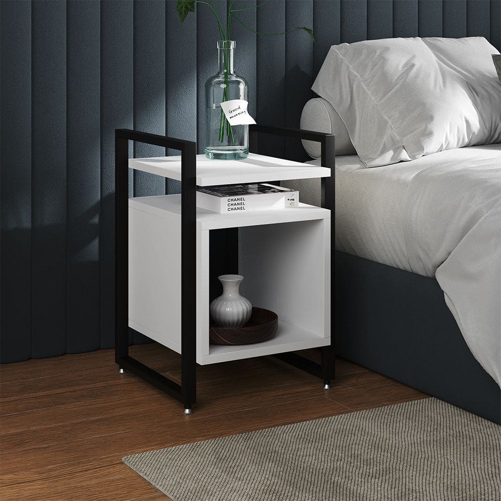 Mesa de Cabeceira Industrial Marrocos Ferro Preto e Tampo Branco