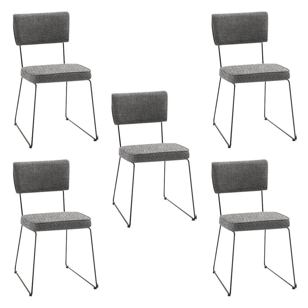 Kit 5 Cadeiras De Jantar Decorativa Base Aço Preto Luigi Linho Cinza - Gran Belo