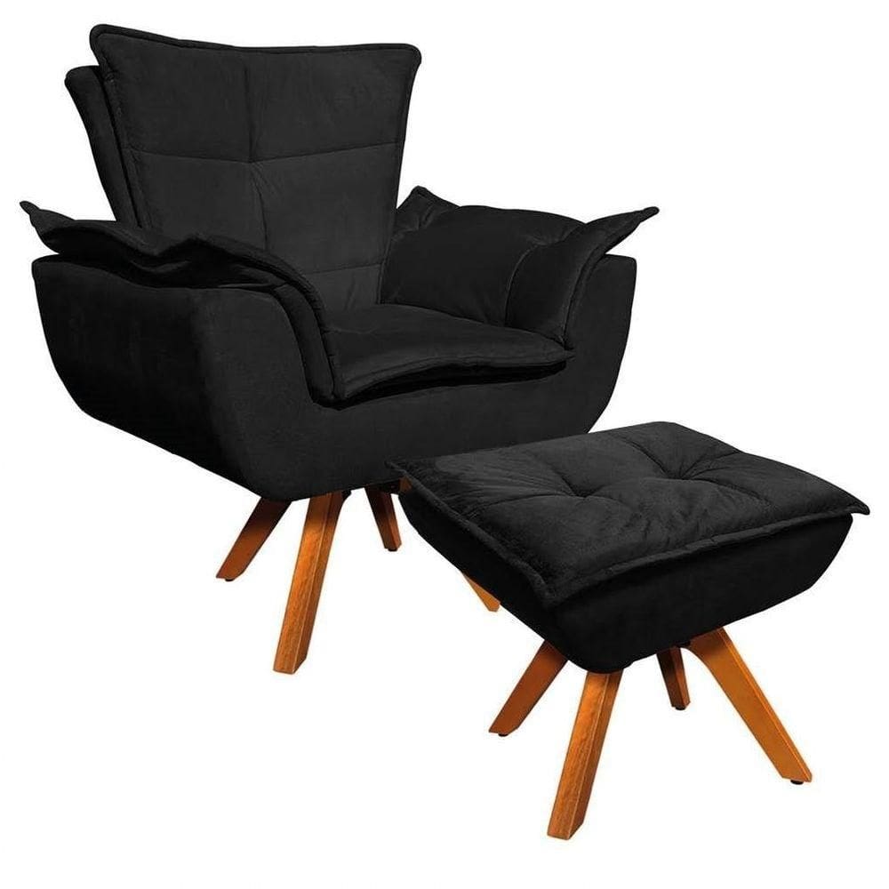 Poltrona Decorativa Base Giratória Giromad Com Puff Opla Suede Preto