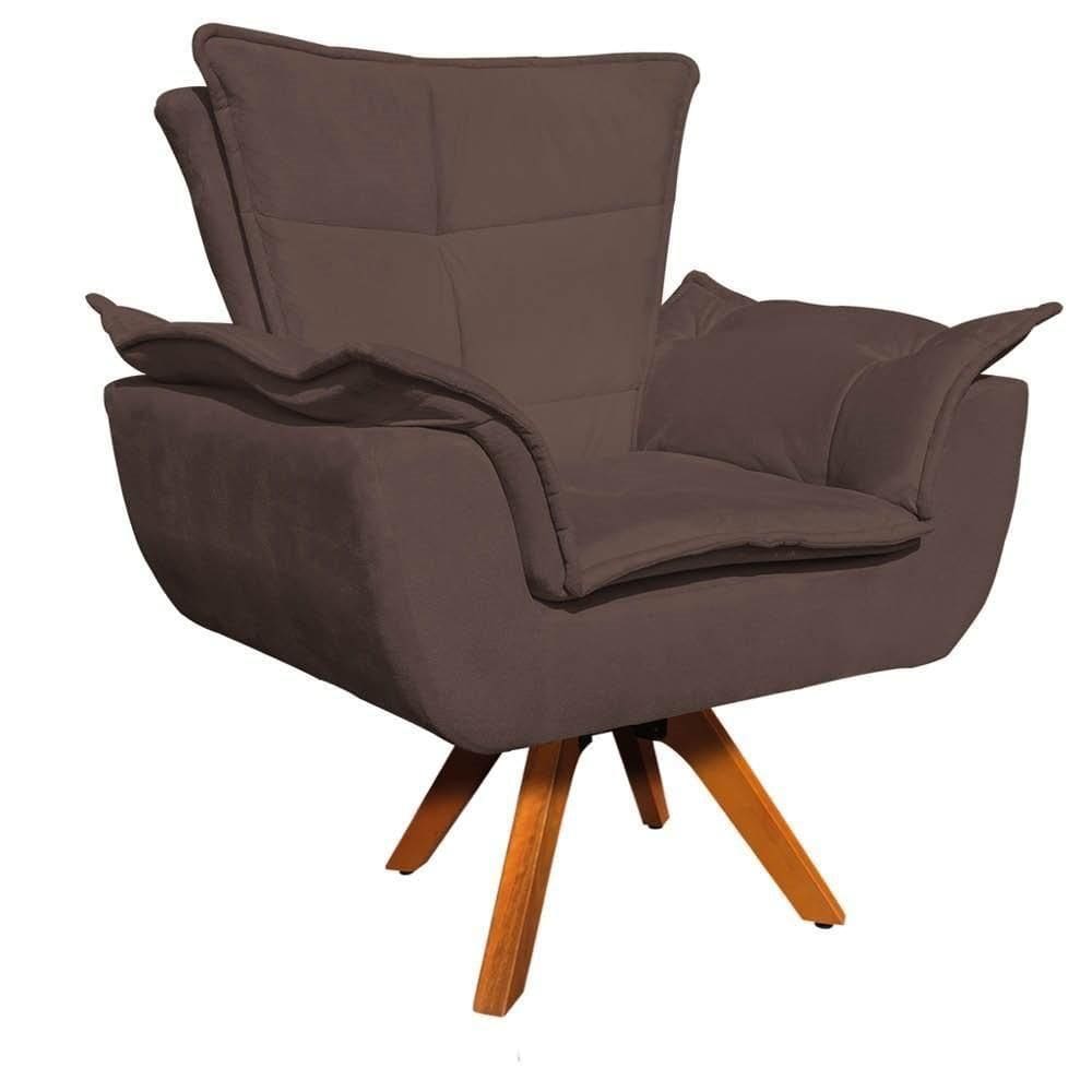 Poltrona Decorativa Sala De Estar Base Giratória Madeira Opla Suede Marrom - Ibiza