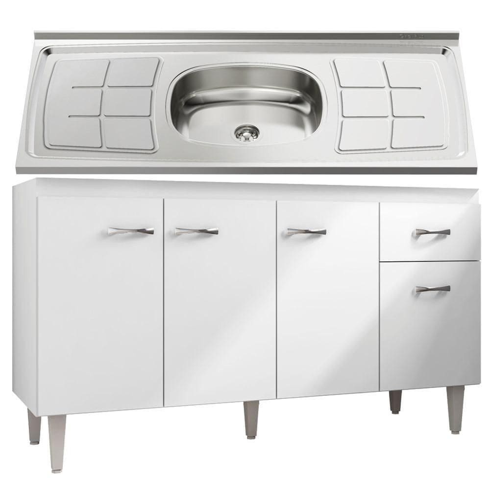 Balcão Gabriela Com Pia Inox 150Cm 4 Portas Branco/Preto