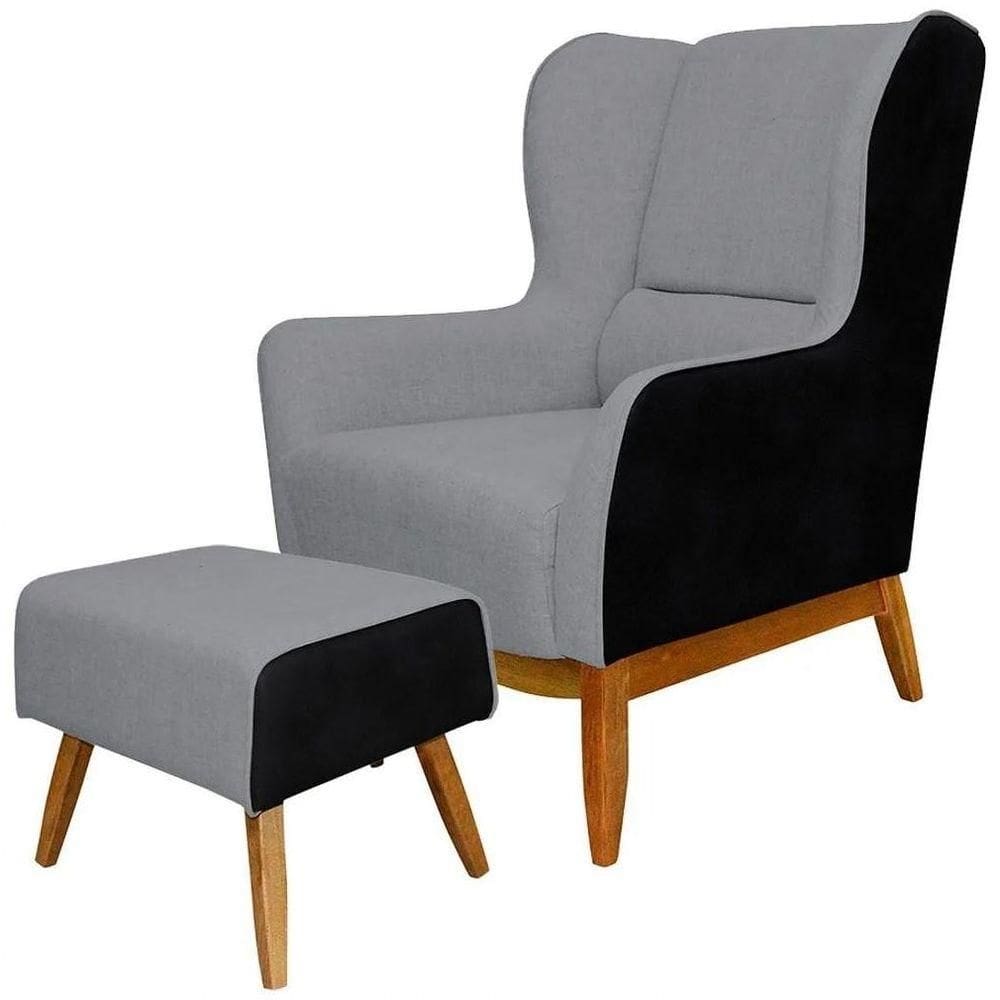 Poltrona Decorativa Sala De Estar Base Madeira E Puff Milena C-05 C-416 - Domi