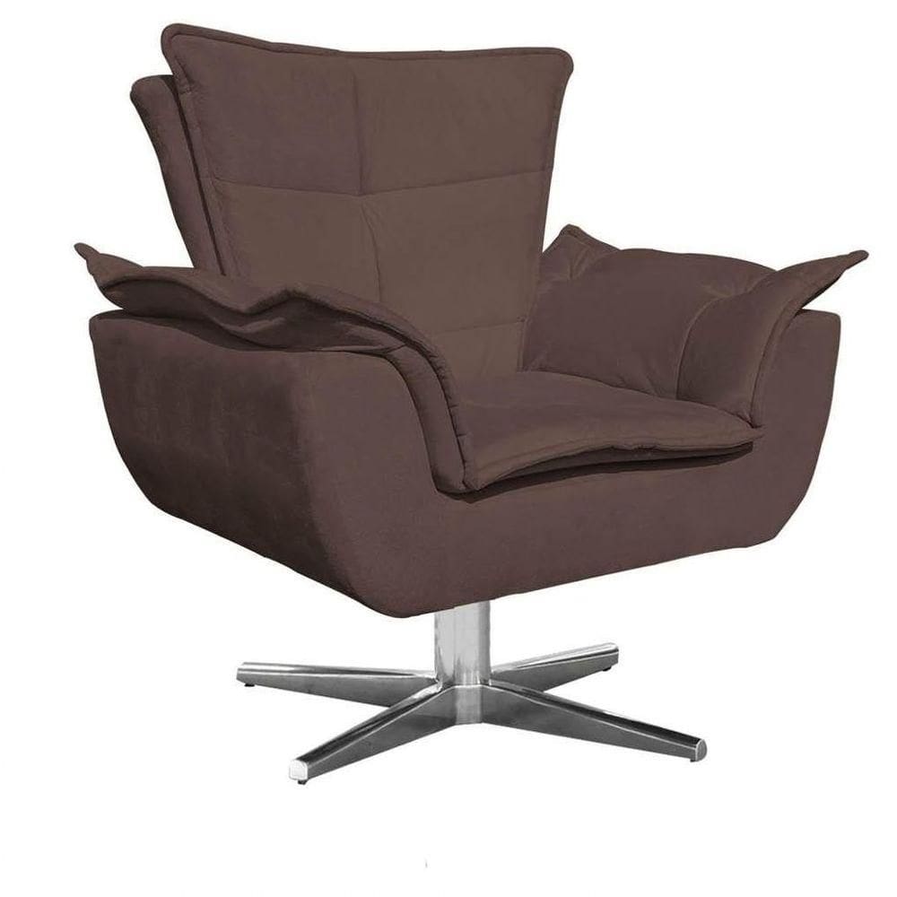 Poltrona Decorativa Sala De Estar Base Giratória Cromada Opla Suede Marrom - Ibiza