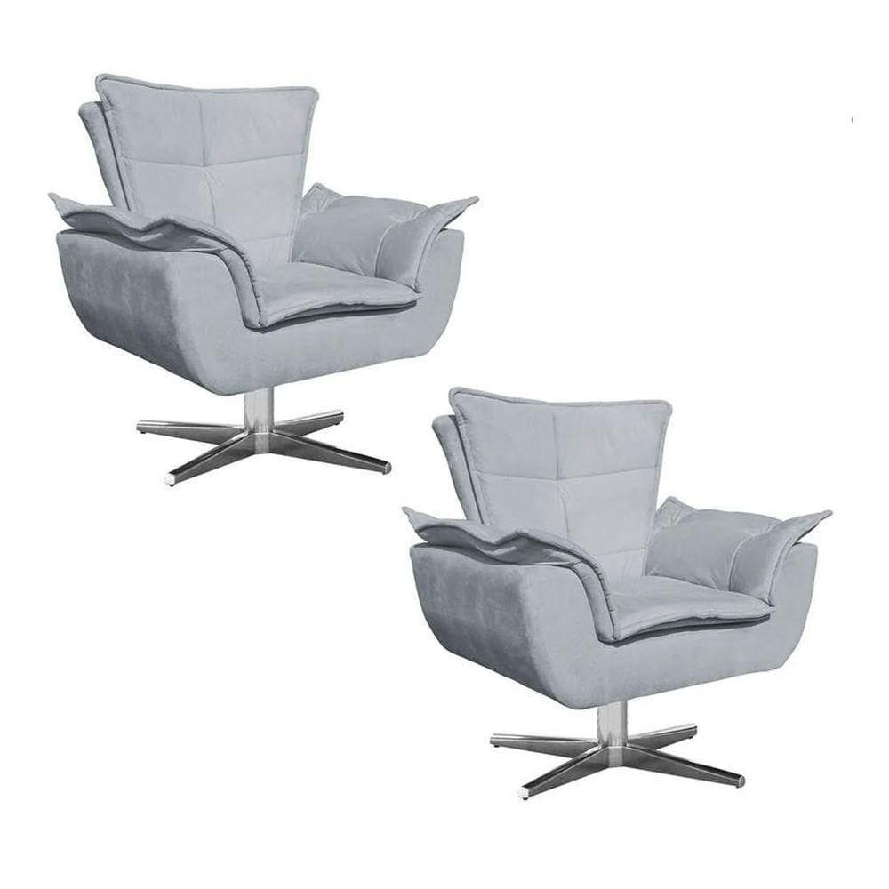 Kit 2 Poltronas Decorativas Sala De Estar Base Giratória Cromada Opla Suede Cinza - Ibiza