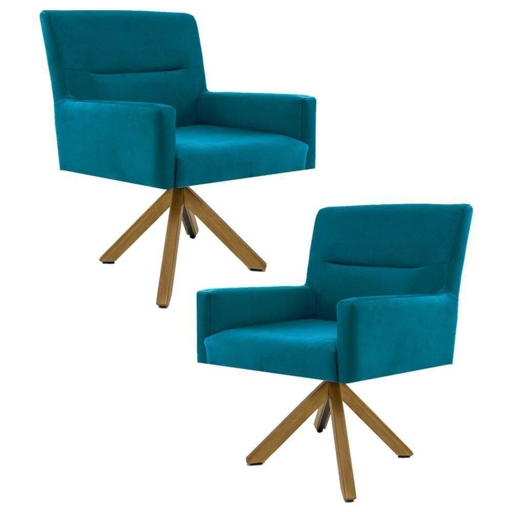 Kit 2 Poltronas Giratórias Base Giromad Madeira Angel B-66 Veludo Turquesa - Domi
