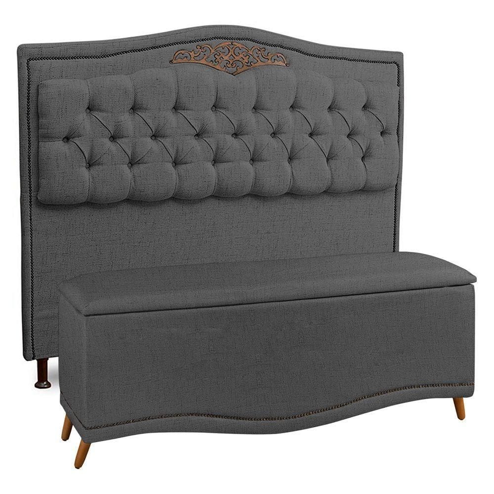 Cabeceira E Calçadeira Baú Box Casal 140cm Linho Grafite