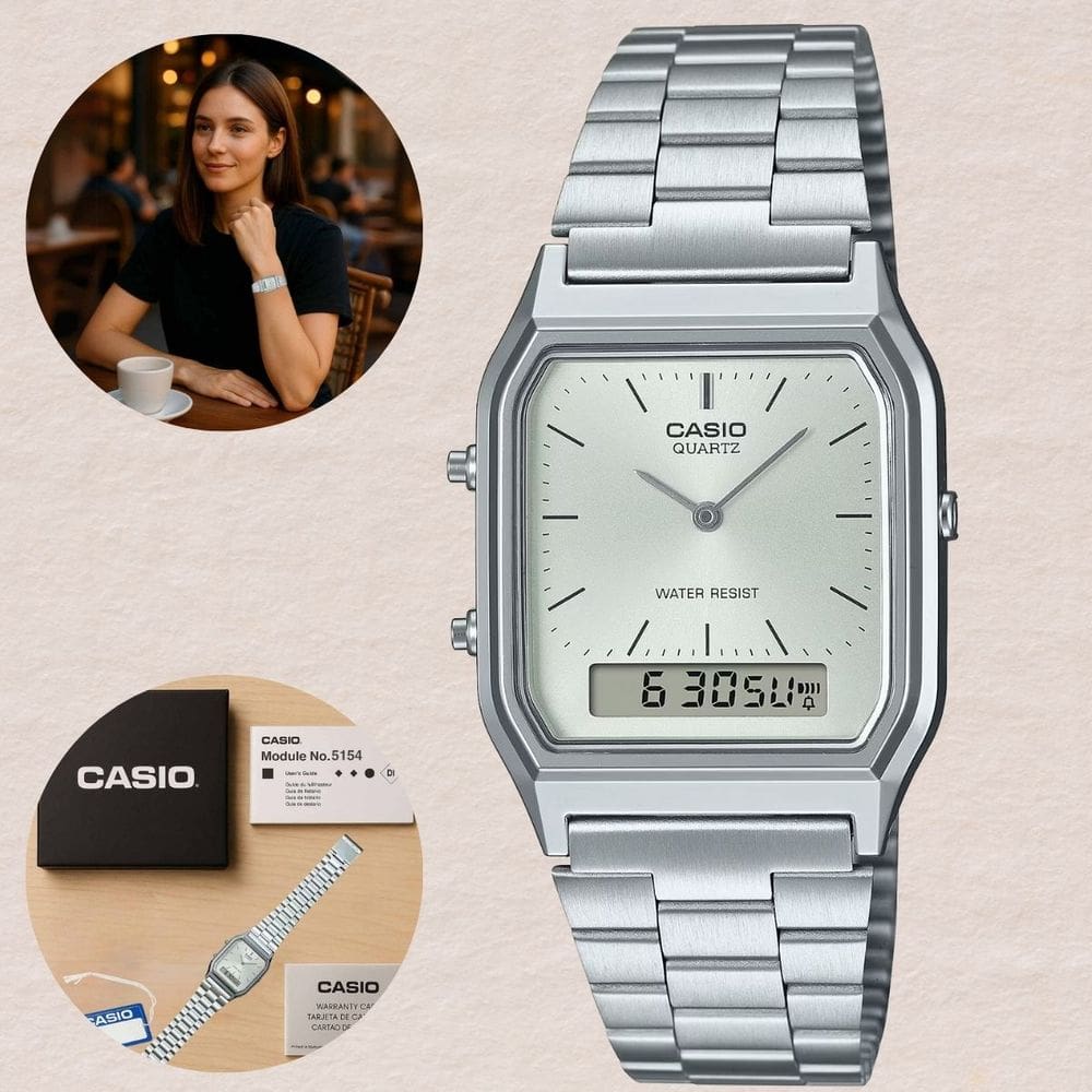 Relógio de Pulso Casio Retro Feminino Masculino Quadrado Analogico Digital Vintage Pulseira Aço Inóx Casual Prata AQ-230A-7AMQYDF