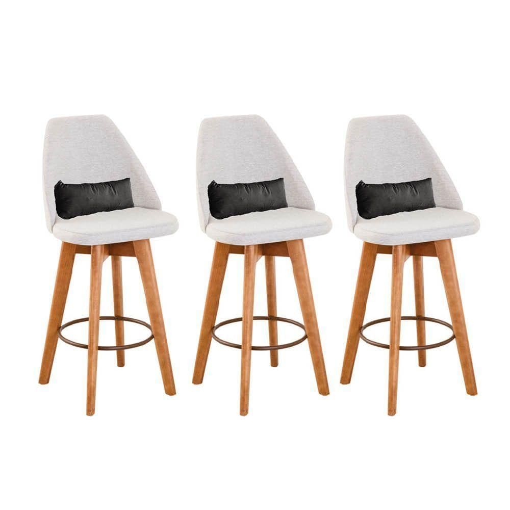 Kit 03 Banquetas Bege Claro E Almofada Suede Cinza
