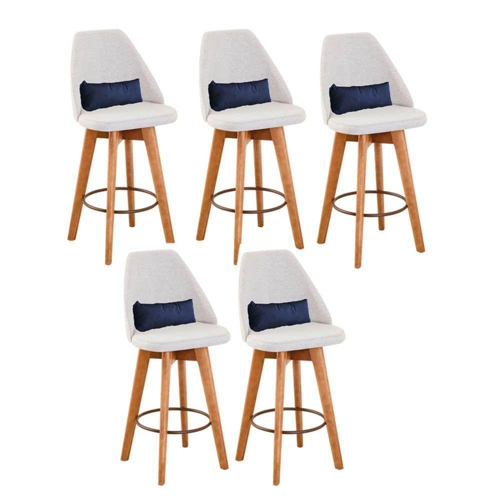 Kit 05 Banquetas Linho Bege E Almofada Azul Marinho