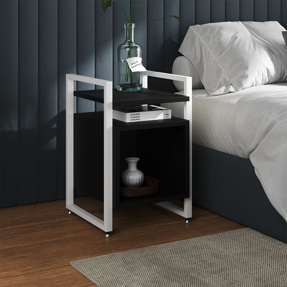 Mesa de Cabeceira Industrial Marrocos Ferro Branco e Tampo Preto