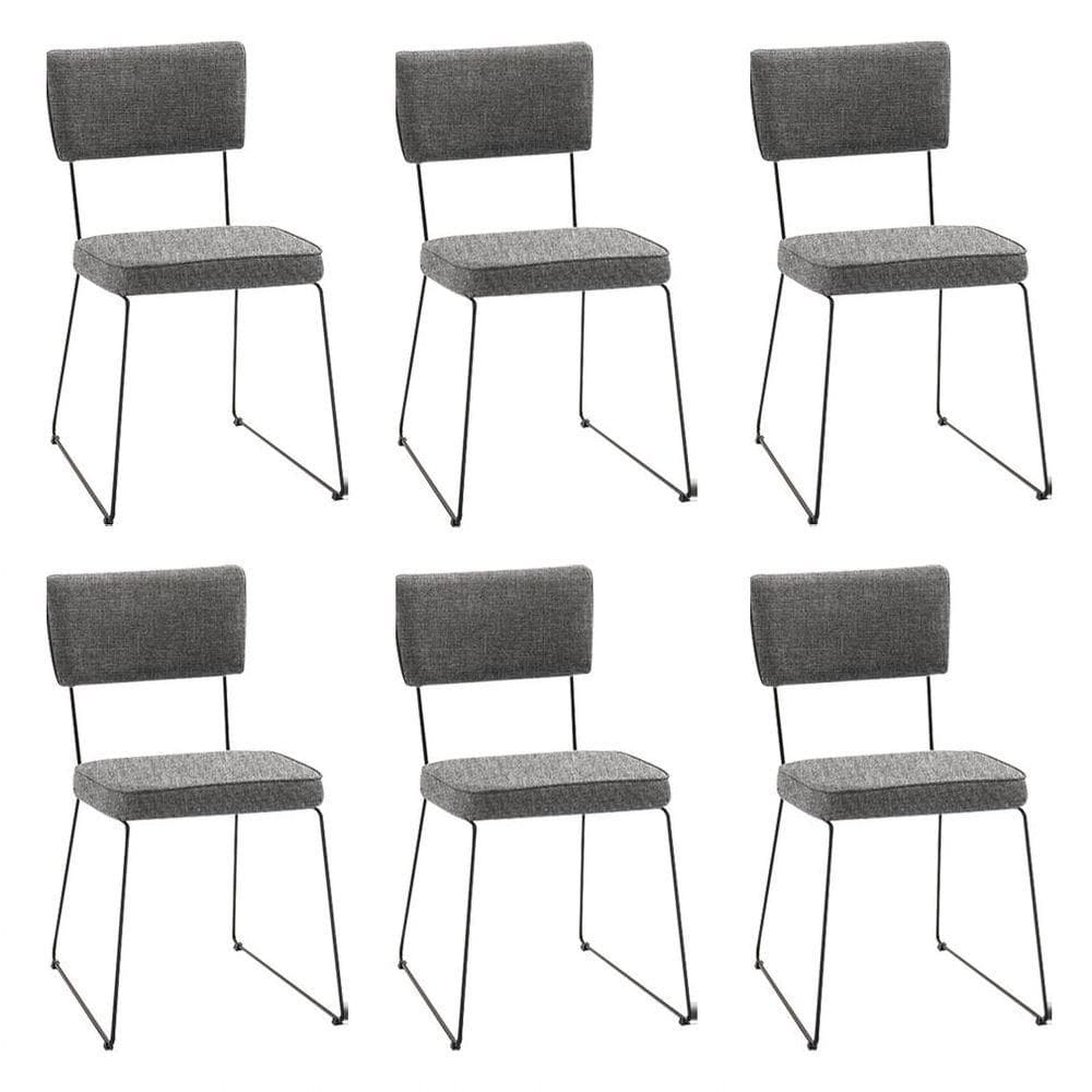 Kit 6 Cadeiras De Jantar Decorativa Base Aço Preto Luigi Linho Cinza - Gran Belo
