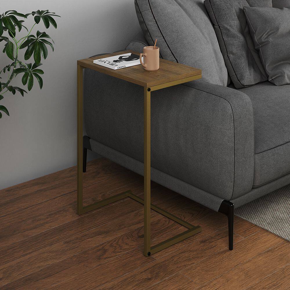 Mesa Lateral de Apoio Industrial Sofá Charmme Ferro Dourado e Tampo Freijó