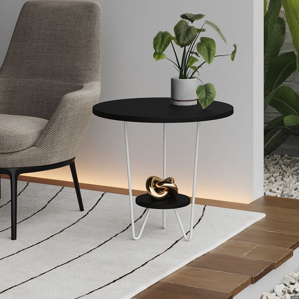 Mesa Lateral Redonda Industrial Italy Ferro Branco e Tampo Preto