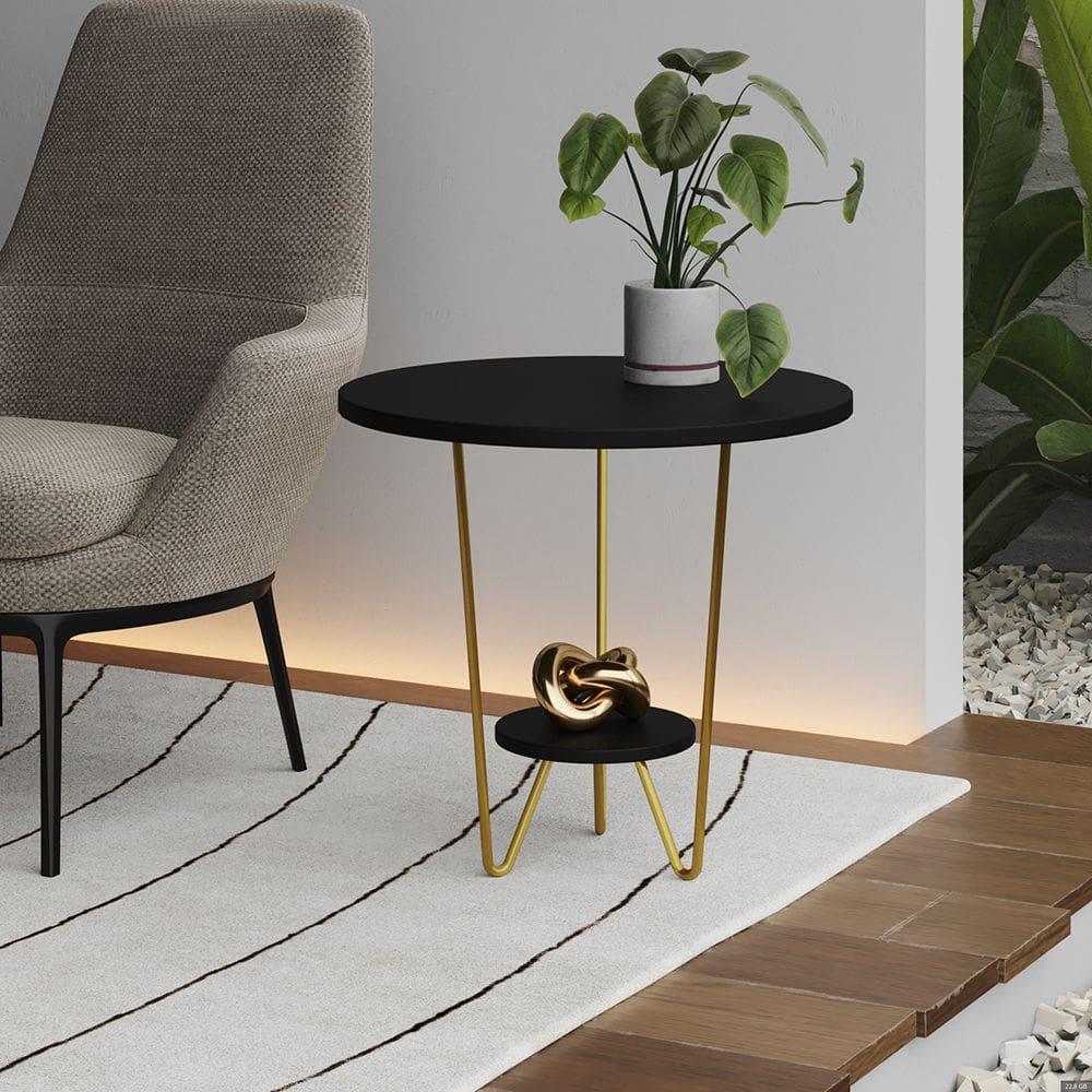 Mesa Lateral Redonda Industrial Italy Ferro Dourado e Tampo Preto