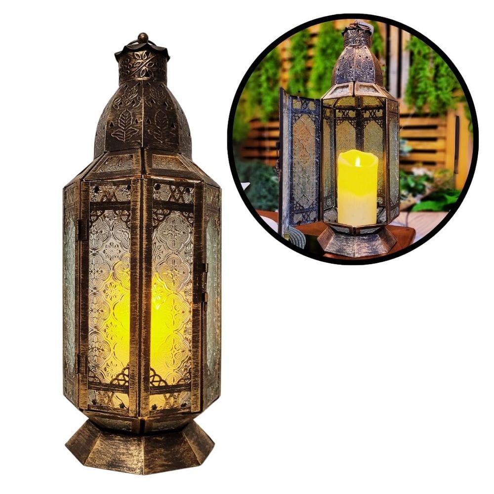 Lanterna Decorativa Iluminada Hexagonal Bronze Rústico Metal e Vidro Prime 45cm x 15cm