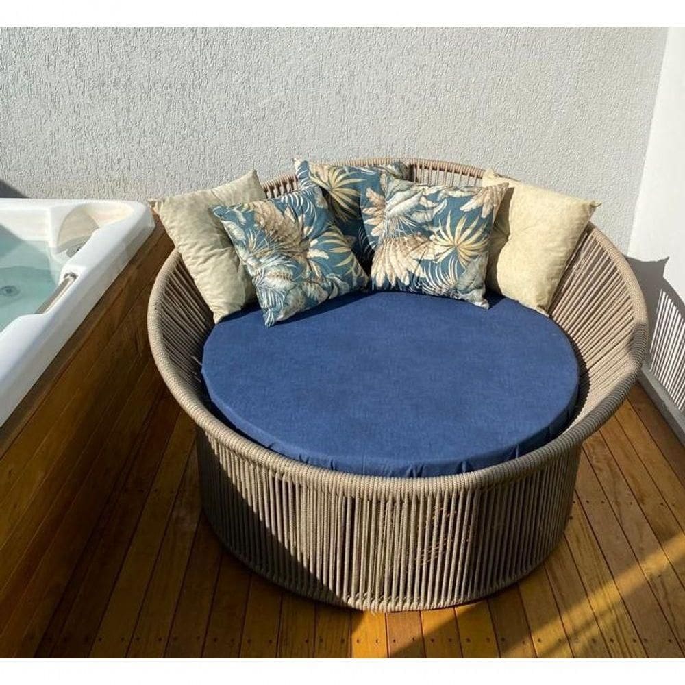 Chaise Palmeira Taça Em Corda Nática Bege - Tecido Lisato Marinho