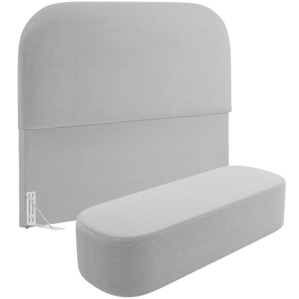 Cabeceira Cama Box Casal 140cm Lanna Com Puff Recamier Doha W01 Bouclê Cinza - Lyam Decor