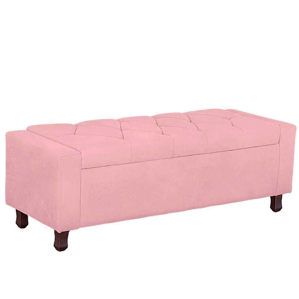 Calçadeira Baú Casal Estofada Valencia Veludo Cor Rosa Bebe