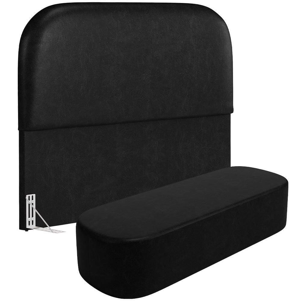 Cabeceira Cama Box Casal 140cm Lanna Com Puff Recamier Doha W01 Couríssimo Preto - Lyam Decor