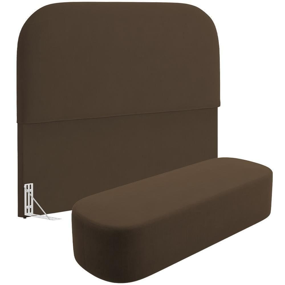 Cabeceira Cama Box Casal 140cm Lanna Com Puff Recamier Doha W01 Suede Marrom - Lyam Decor