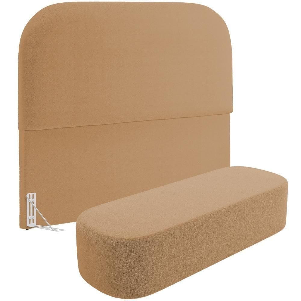 Cabeceira Cama Box Casal 140cm Lanna Com Puff Recamier Doha W01 Bouclê Mostarda - Lyam Decor