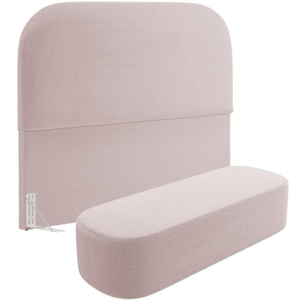 Cabeceira Cama Box Casal 140cm Lanna Com Puff Recamier Doha W01 Bouclê Rosê - Lyam Decor