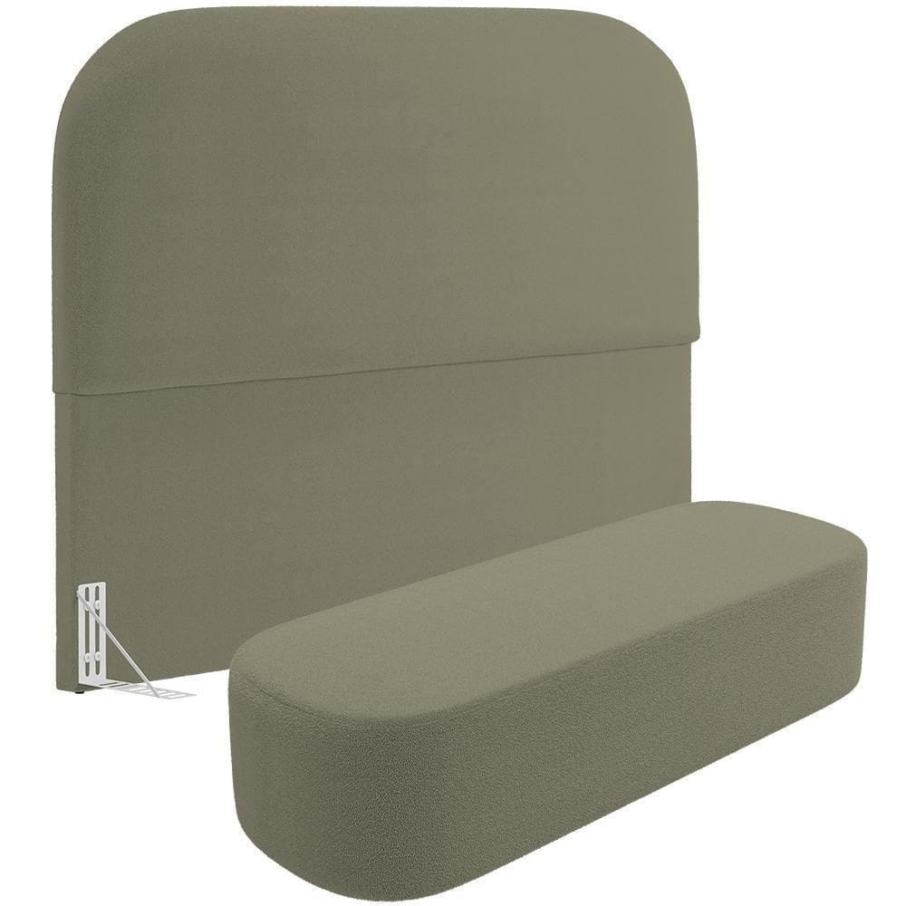 Cabeceira Cama Box Casal 140cm Lanna Com Puff Recamier Doha W01 Bouclê Oliva - Lyam Decor